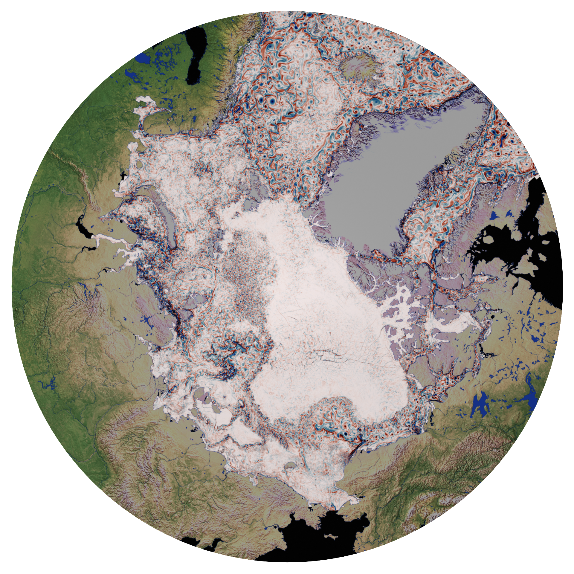 Visualization of the Rossby Number of SEDNA, a 1/60° pan-Arctic Simulation.